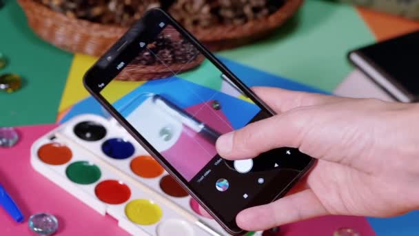 Hands Taking Photos Creative Workplace Desk Smartphone Palette Watercolor Colored — 图库视频影像