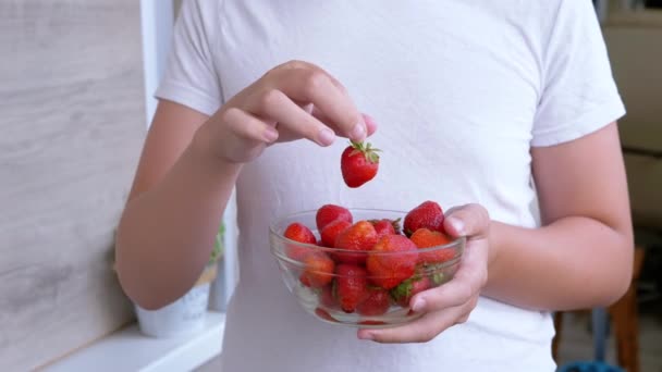 Child Holding Hands Full Glass Bowl Red Strawberry Sunlight Room — Stock Video