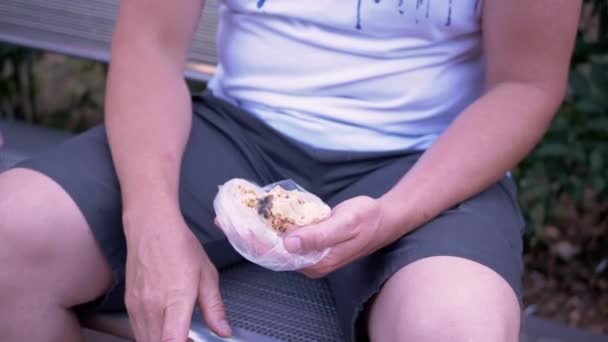Hungry Male Resting Bench Eating Shawarma Bread Outdoors Park Street — Stock Video