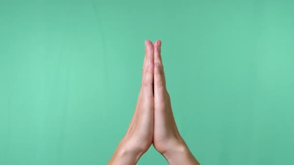 Προσευχή Χειρονομίες Των Δύο Χεριών Κενό Απομονωμένο Πράσινο Χρώμα Βασικό — Αρχείο Βίντεο