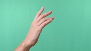 İzole edilmiş Yeşil Krom Anahtar Arkaplan 'da Kadın El Sallaması, Elveda ya da Merhaba. Elveda jesti, parmaklarınla selam ver. - Selam. Ayrılıyorum. El hareketleriyle. Uzayı kopyala, reklam arkaplanı. Yakın plan..