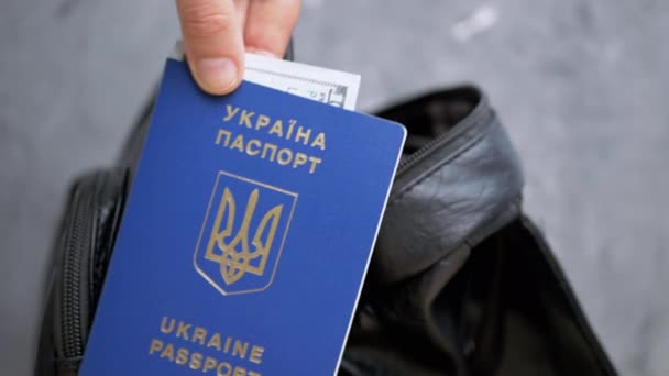 Hand Sätta Biometrisk Pass Ukraina Med 100 Dollar Sedel Ryggsäck — Stockvideo