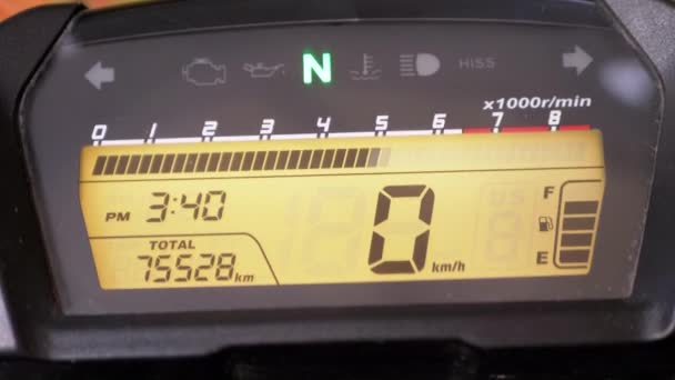 Rider Checking Rpm Acceleration Motorcycle Digital Speedometer Electronic Orange Dashboard — Stock Video