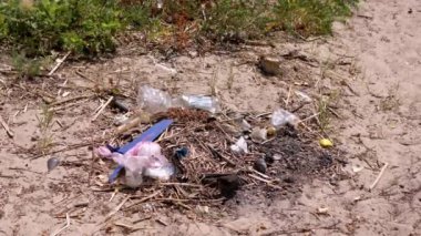 Discarded Garbage from Plastic Bottles, Plastic Bags in Sun in Forest on Sand. Garbage pit, dump, waste in nature in woods. A place for a campfire. Environmental pollution, environmental disaster.