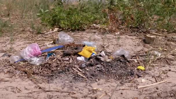 Discarded Garbage Plastic Bottles Plastic Bags Sun Forest Sand Garbage — Stok video