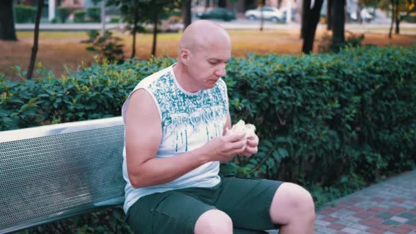 Hungry Male Resting Bench Eating Shawarma Bread Outdoors Park Street — Wideo stockowe