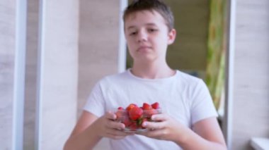 Child Holding in Hands Full Glass Bowl Red a Strawberry in Sunlight in Room. Blurred background. Fruit harvest. Ripe berries, vitamins. Daylight shines on berries. Healthy food, organic seasonal food.
