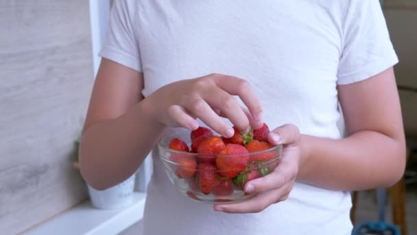 Child Holding Hands Full Glass Bowl Red Strawberry Sunlight Room — ストック動画