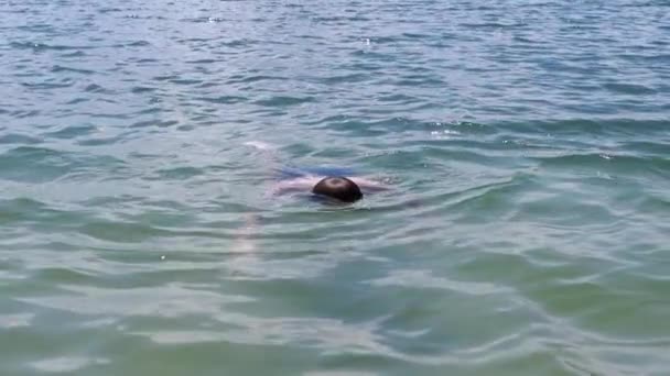 Glückliches Kind Schwimmt Taucht Atmet Unter Wasser Strand Sonnenstrahlen Ein — Stockvideo