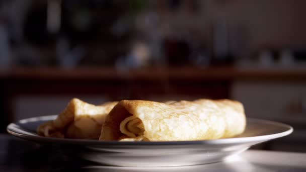Rolled Fried Ruddy Pancakes Plate Rising Steam Rays Sunlight Cooked — Stock Video