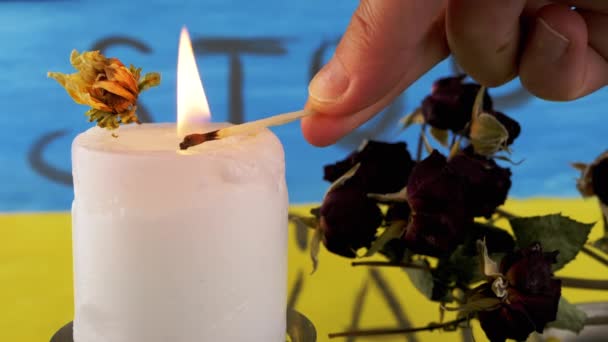 Hand Lights Candle Match Background Yellow Blue Flag Ukraine One — Stock video