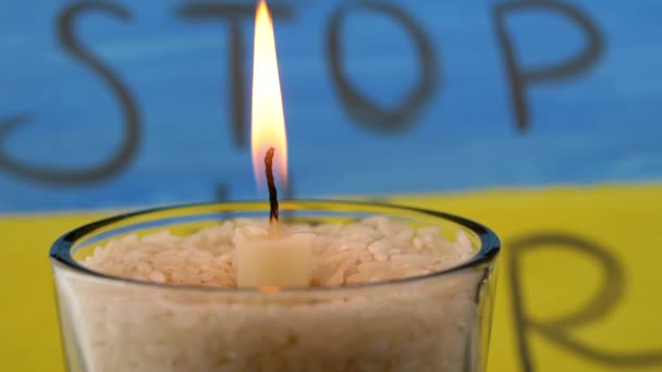 Burning White Candle Background Yellow Blue Flag Ukraine Inscription Stop — Stockvideo