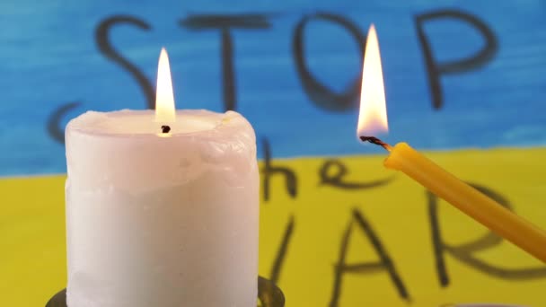Two Burning Candles Background Yellow Blue Flag Ukraine Prayer Inscription — Stock video