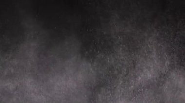 Karışık Toz Parçacıkları Girdabı, Un, Enkaz, Kara Arkaplanda Uçan. Parçacık patlaması. Beyaz tozun dinamik parçacıkları, duman rastgele dönüyor, dönüyor, yüzüyor, uzayda düşüyorlar..