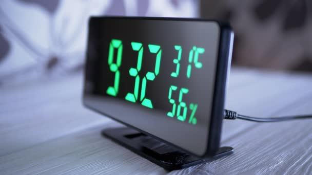 Digital Clock Showing Time Green Display Temperature Air Humidity Modern — Stock Video