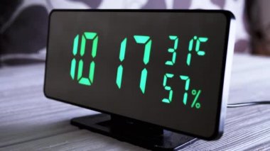 Yeşil Ekran 'daki dijital saat 10: 17' yi gösteriyor. Hava sıcaklığı, nem oranı. Modern ayna saati, termometresi olan çalar saat, beyaz arka plandaki masada duran hidrometre. Zaman kavramı.