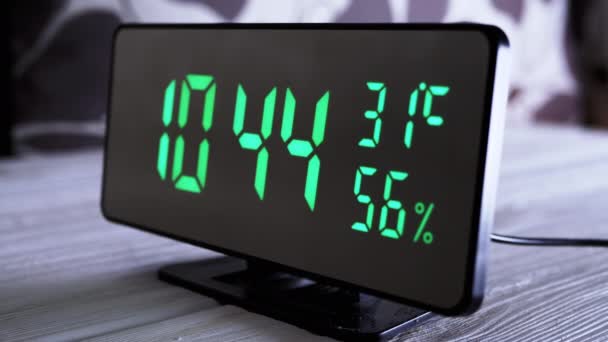 Digital Clock Showing Time Green Display Temperature Air Humidity Modern — Stock Video