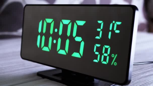 Digital Clock Showing Time Green Display Temperature Air Humidity Modern — Stock Video