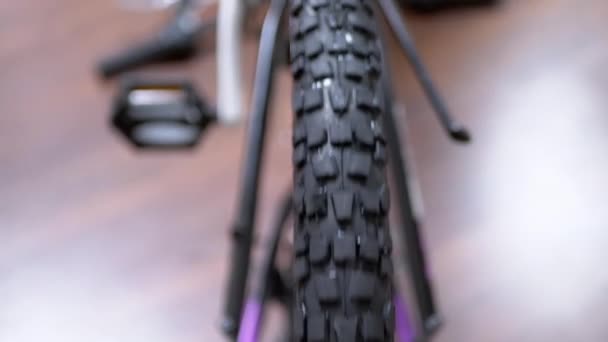 Rotation Black Rubber Bicycle Wheel Workshop Blurred Background Checking Wheel — Stock Video