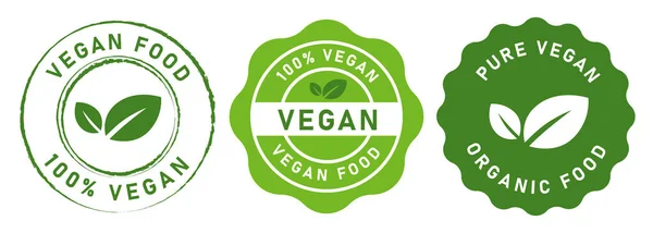 채식푸른 잎 원 인장 (vegan food stamp label) 식물성 음식 우표 스티커 벡터 그래픽 분리 된 집합 — 스톡 벡터