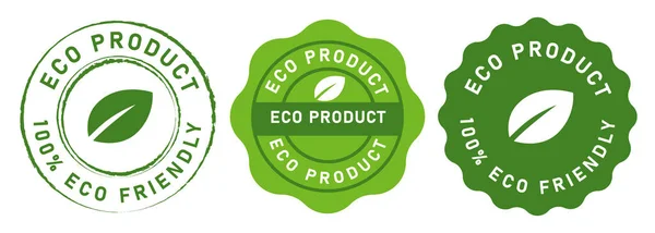 Öko-Produkt umweltfreundlich grünes Blatt Symbol Emblem Produktstempel im Kreis flache Dichtung Pflanzenkranz — Stockvektor