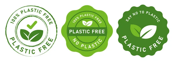 プラスチックフリーは、製品のプラスチックにノーと言う緑のスタイルの色のエンブレムアイコンタグステッカーパッケージのデザイン — ストックベクタ