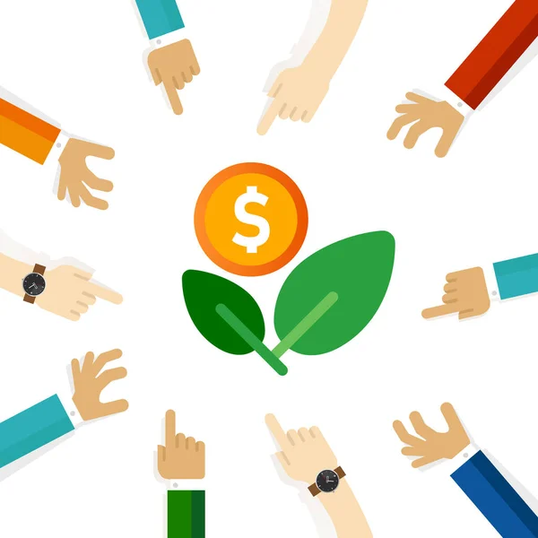 投資コインは木の葉の収入の節約成長から成長現金マネーハンドポインティングチームは 概念的なディスクベクトルに焦点を当てる — ストックベクタ