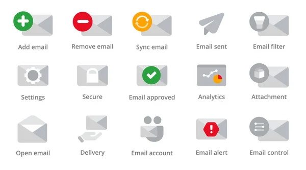 电子邮件图标集集合灰隔离信封管理设计向量隔离 — 图库矢量图片