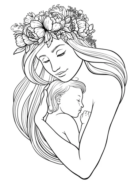Fine Beautiful Linear Grahic Illustration Mother Her Child — Vettoriale Stock