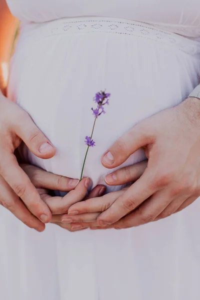 Беременная Женщина Мужчина Руки Цветами — стоковое фото