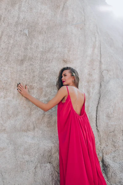 Beautiful Young Woman Red Dress Posing Outdoors — 图库照片