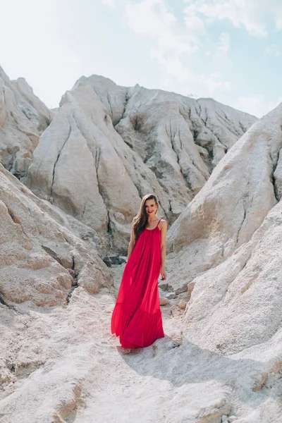 Beautiful Young Woman Red Dress Posing Outdoors — 图库照片
