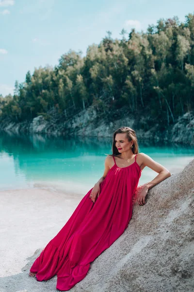 Beautiful Young Woman Red Dress Posing Outdoors — стоковое фото