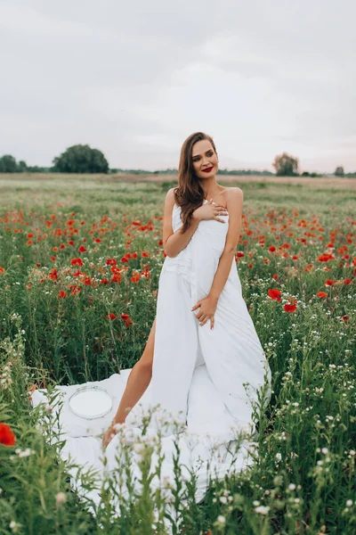 Beautiful Young Woman Posing Blanket Field Poppy Flowers — стоковое фото