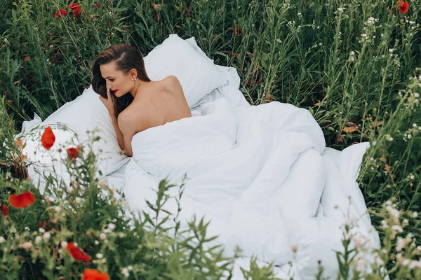 Beautiful Young Woman Posing Blanket Field Poppy Flowers — стоковое фото