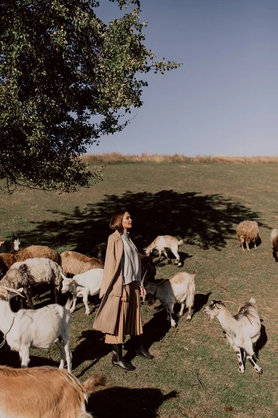 Beautiful Woman Posing Farm Field — Stock Photo, Image