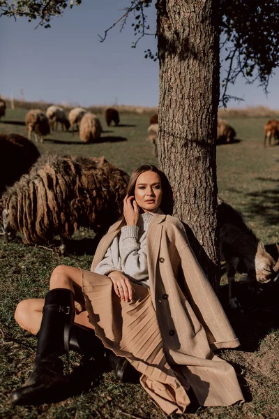 Beautiful Woman Posing Farm Field — Photo