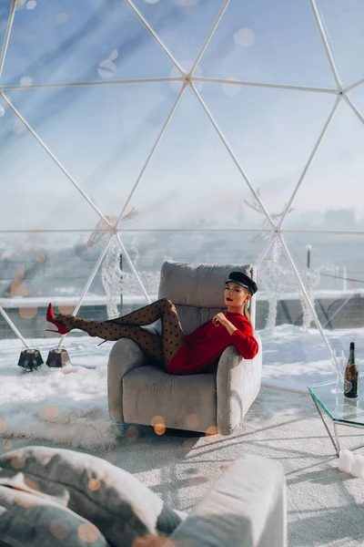 Young Woman Red Sweater Posing Terrace Winter Time — Fotografia de Stock