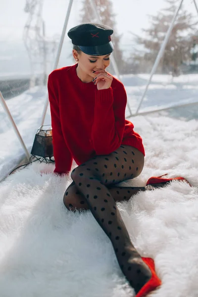Young Woman Red Sweater Posing Terrace Winter Time — Photo