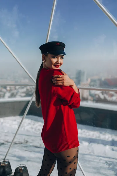 Young Woman Red Sweater Posing Terrace Winter Time —  Fotos de Stock