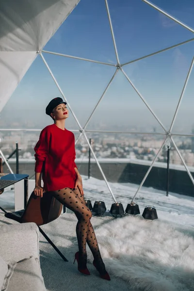 Young Woman Red Sweater Posing Terrace Winter Time — Stock Photo, Image