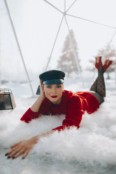 Young Woman Red Sweater Posing Terrace Winter Time — Foto de Stock