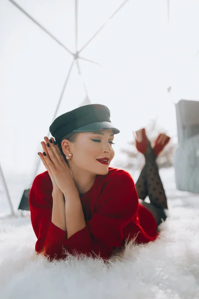 Young Woman Red Sweater Posing Terrace Winter Time — Zdjęcie stockowe