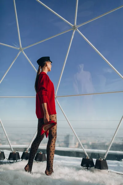 Young Woman Red Sweater Posing Terrace Winter Time — Stock Photo, Image