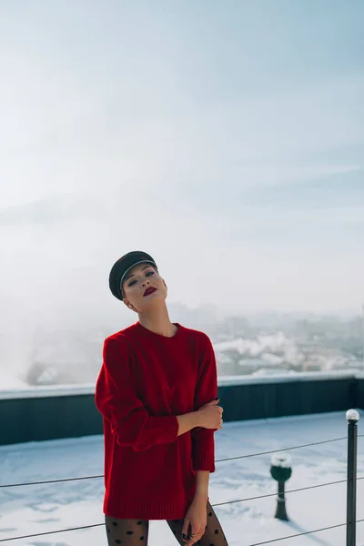 Young Woman Red Sweater Posing Terrace Winter Time —  Fotos de Stock