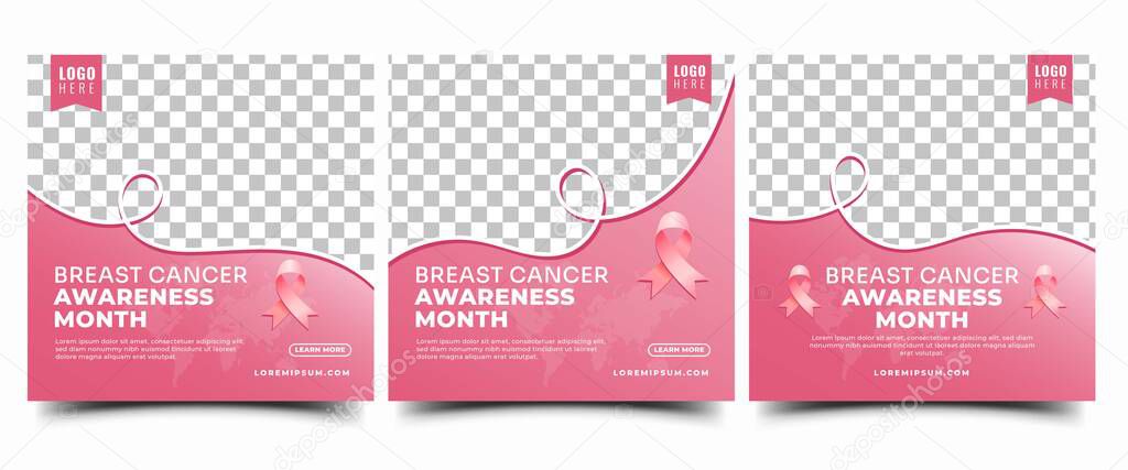 Breast cancer social media post template design collection. Editable modern banner with pink background, ribbon, and place for the photo. Usable for social media post, banner, card, and website.