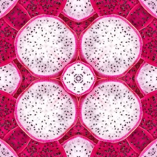 Soyut renkli simetrik desen süslemesi.Dekoratif ejderha meyvesi kaleydoskop hareketi geometrik. Ejderha meyve çemberi pankart illüstrasyonu için meyve arkaplanı yer .