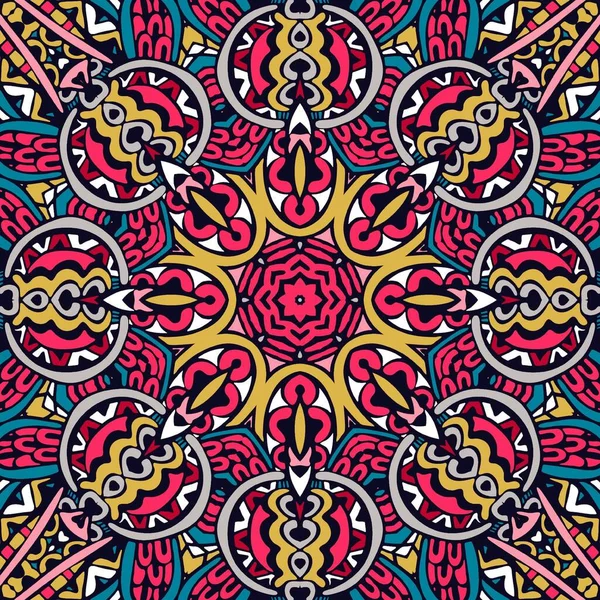 Mandala doodle fantezi çiçeği dekore edilmiş arka plan. Soyut geometrik fayanslar, boho etnik desensiz süslemeler. El çizimi Meksika dekorasyon grafik baskısı. Kumaş için etnik kabile şenlik deseni..
