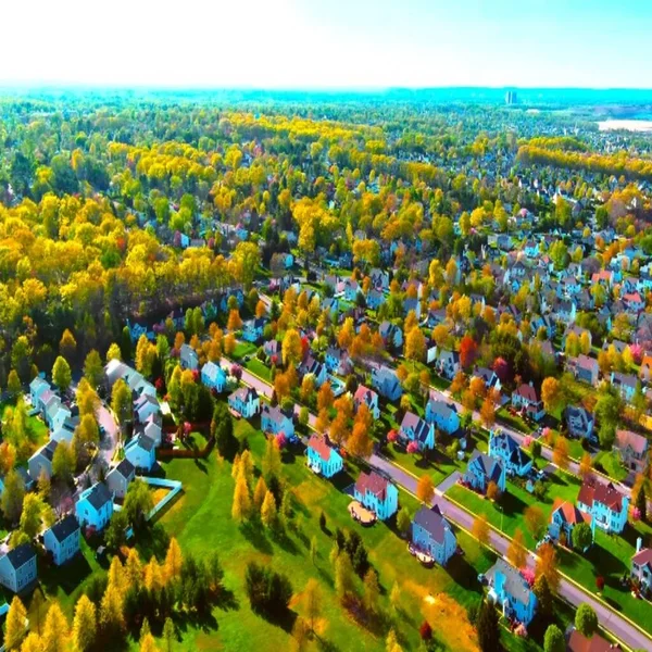 Eckaterinburg şehrinin varoşlarındaki tatil köyü sonbahar renkli doğa. Ural, Rusya. Sonbahar, gün batımı, hava manzarası.