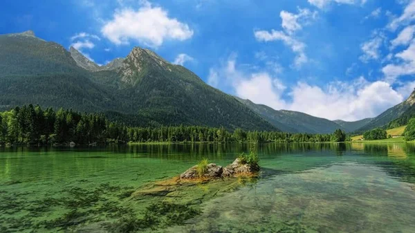 Berchtesgaden Park, Almanya 'daki Berchtesgaden Park' ta sakin bir göle yansıyan küçük ada.. 